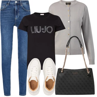 Outfit sa Plava/Tamnoplava/Svjetloplava Kožna Jakna/Push-up Traperice/Termo Traperice/Sužene Traperice/Zimska jakna/Traperice s Prorezom/High Waist Traperice/Traperice Slim Kroja/Kožne Cipele/Slip-on Traperice Liu Jo "Ljetna odjeća"