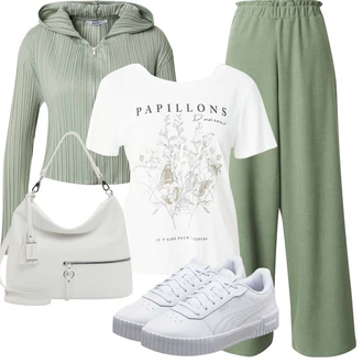 Djeveruša Outfit sa Svjetlozelena/Tamnozelena/Zeleno Hlače Tradicionalna Hlača/Hlače Visokog Struka/Hlače od muslina/Palazzo Hlača/Baggy Hlače/Paperbag Hlača/Marlene Hlača/Muška Kožna Jakna/Slinky Hlača About You "Ljetna odjeća"