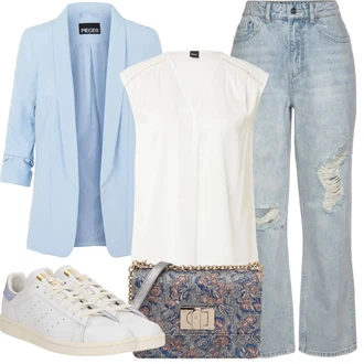 Outfity pro léto s Světle modrá/Modrá Džíny s Rozparkem/Baggy Džíny/Zkrácené Džíny/Džíny Culottes/Kožené bundy/Džíny s Dírou/Džíny Volného Střihu/Boyfriend Džínové kalhoty Buffalo "Outfit na léto"