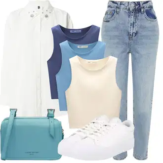 Outfit s Světle modrá/Modrá/Lilové barvy Dad Džíny/Zužující se Džíny/High Waist Džínové Kalhoty/Vintage džíny/Girlfriend Džíny/Kožená Pánská Bund/Zkrácené Džíny/Boyfriend Džínové kalhoty/Mom Jean Trendyol "Outfit na léto"