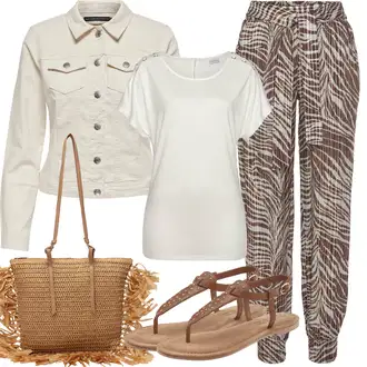 Outfit sa Smeđa/Ljubičasta/Bež Hlača s Perjem/Hlača s Uzorkom/Naborane hlače/Baggy Hlače/Štofaste hlača/Hlača za Plažu Lascana "Ljetna odjeća"