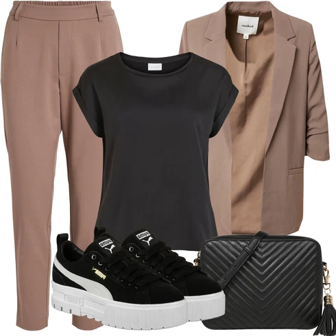 Kombinace Šedá/Hnědá/Béžová/Khaki/Fialová Plisovaná Kalhoty/Kalhoty s Vysokým Pasem/Navlékací Kalhoty/Obleková Kalhoty/Boyfriend Kalhoty/Business Kalhoty/Úzká Kalhoty/Mušelínové Kalhoty/Kalhoty s nášivkou uprostřed/Kalhoty se Štěrbinou/Mrkvová Kalhoty Vila kombinovat s Černá/Tmavě šedá Muskulární Tričko/Krátký Top/Síťované tričko/Košilový Top/Tričko s krátkým rukávem/Tričko/Jednoduchý Top Vila