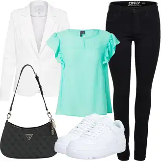 90-ich, Stil Outfit sa Zeleno/Tirkizna/Svjetlozelena/Svjetloplava Bluza Kratkih Rukava/Kožna jakna/Bluza bez rukava/Crash bluza/Bluza s Volanima/Bluza Vrh VERO MODA "Ljetna odjeća"Look: Stil, Rap, Sveučilišna, GoGo, Mom, Prekrasan, Za Kuću