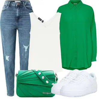 90tá léta Outfit s Zelená/Neonové barvy/Tyrkysový Blůza s knoflíčkem/Dlouhá Halenka/Halenka s Dlouhým Rukávem/Oversize Halenka/Tunikové Tričko/Jednobarevná Halenka/Kožená bunda pro muže Only "Letní oblečení"Look: Styl, Klasické, 90tá léta, Irský, Příliš oblečený, Nadrozměrné, Retro