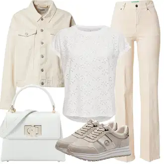 Outfit s Béžová/Khaki Džín s Širokou Nohavicí/High Waist Džínové Kalhoty/Zimní bunda/Zvonové Džíny/Kožená Pánská Bund/Džíny s Rozparkem/Pánské tričko/Vintage džíny United Colors of Benetton "Letní oblečení"