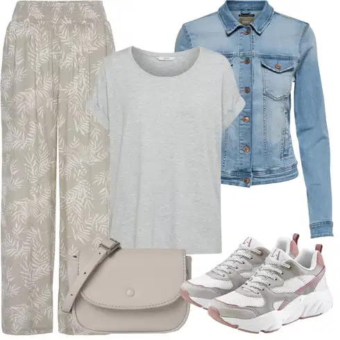 Kombinace Šedá/Béžová/Khaki/Hnědá Pyžamová Kalhoty/Navlékací Kalhoty/Kalhoty s Potiskem/Mušelínové kalhoty/Kalhoty s Peřím/Lněné Kalhoty/Domácí Kalhoty/Plážová Kalhoty/Široká Kalhoty Lascana kombinovat s Světle modrá/Modrá Bunda Krátké Džínové Bundičky/Vintage Bund/Džínové Bund Only