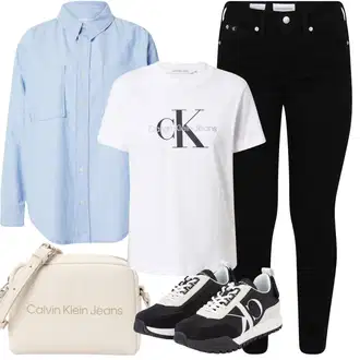 Outfit sa Crna/Bijela Kožna Tenisica/Niska Tenisica/Tanka Tenisica/Ljetna Tenisica/Vintage Tenisica Calvin Klein Jeans "Ljetna odjeća"