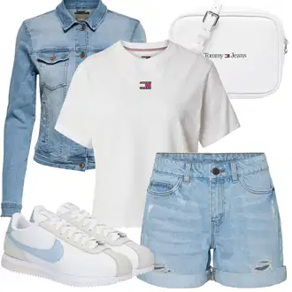 Outfit sa Bijela/Krem/Siva/Kaki Skraćena Majica/Otmjena majica/Majica kratkih rukava/Sportska majica/Majica i top Tommy Jeans "Ljetna odjeća"