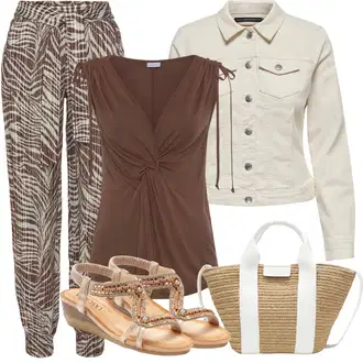 Outfit sa Smeđa/Ljubičasta/Bež Hlača s Perjem/Hlača s Uzorkom/Naborane hlače/Baggy Hlače/Štofaste hlača/Hlača za Plažu Lascana "Ljetna odjeća"