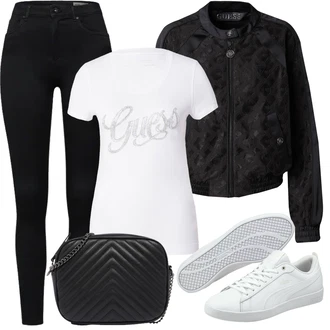 Outfit sa Srebro/Bijela/Siva/Zeleno Majica s printom/Majica i top/Majica za trudnice/Majica s mrežicom/Otmjena majica/majica za spavanje/Majica kratkih rukava/Print majica/Sportska majica/Top za plažu Guess "Ljetna odjeća"