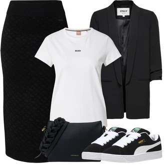 Outfity pro léto s Černá/Šedá Midi Sukně/Pletená Sukně/Tužková Sukně/Sukně do Délky Lýtka/Sukně boucle/Zimní Sukně Boss "Outfit na léto"