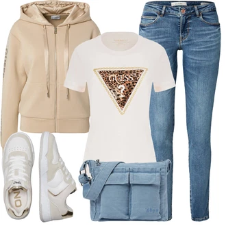 Outfit s Modrá Kožená bunda/Kotníková Bota/Džíny s Rozparkem/Džíny s Nízkým Sedem/Džín s Nízkým Pasem/Push up Džín/Slim Fit Džíny/Navlékací džíny/Kožené Boty/Zimní bunda Guess "Letní oblečení"