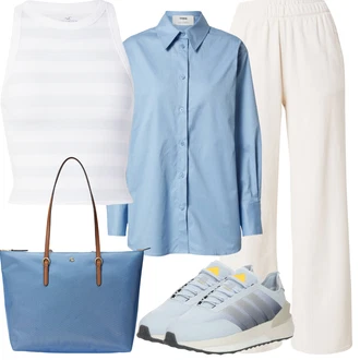 Outfit s Světle modrá/Modrá Dlouhá Halenka/Blůza s knoflíčkem/Neobvyklá Halenka/Oversize Halenka/Slip-on Halenka/Businessová Halenka/Halenka s Dlouhým Rukávem/Tunikové Tričko/Žehlení odolná blůza/Jednobarevná Halenka/Halenka se Stojatým Límcem about you x marie von behrens "Letní oblečení"