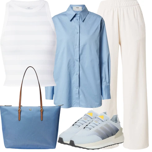 Kombinace Béžová/Bílá/Khaki/Krémová Relaxační kalhoty/Tradiční Kalhoty/Široká Kalhoty/Mušelínové kalhoty/Plyšová Kalhoty/Žerzejová Kalhoty/Kožená Pánská Bund/Slinky Kalhoty/Navlékací Kalhoty Hollister kombinovat s Světle modrá/Modrá Dlouhá Halenka/Blůza s knoflíčkem/Neobvyklá Halenka/Oversize Halenka/Slip-on Halenka/Businessová Halenka/Halenka s Dlouhým Rukávem/Tunikové Tričko/Žehlení odolná blůza/Jednobarevná Halenka/Halenka se Stojatým Límcem about you x marie von behrens