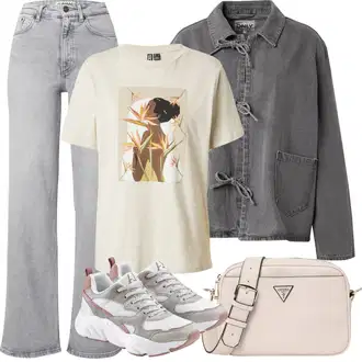 Stil Outfit sa Svjetlosiva/Siva Traperice Široke Nogavice/Traperice Ravne Nogavice/Trapez Traperice/Dad Traperice/Vintage traperice/Muška majica/Muška Kožna Jakna/Traperice Opuštenog Kroja/High Waist Traperice/Formalna Košulja/Traperice s Prorezom/Mom Jean Only "Ljetna odjeća"
