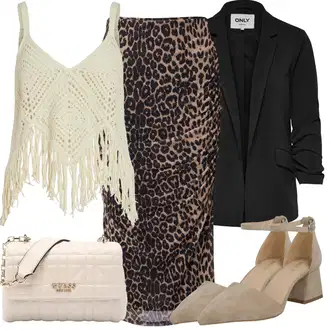 Outfit s Béžová/Žlutá/Bílá/Hnědá Midi Sukně/90tá Léta Sukně/Sukně do Délky Lýtka/Křesťanská Sukně/Italská Sukně/Tužková Sukně/Sukně s potiskem/Vázací Sukně About You "Outfit na léto"