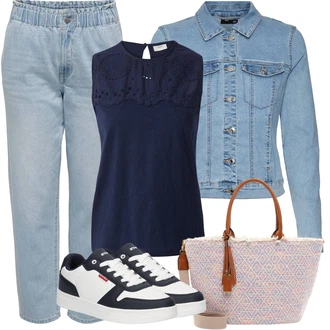 Džínovina Outfit s Světle modrá/Modrá Džíny Volného Střihu/Baggy Džíny/Pánské tričko/Mom Jean/Kožená bunda/Boyfriend Džínové kalhoty/Formální Košile/Dad Džíny JdY "Letní oblečení"