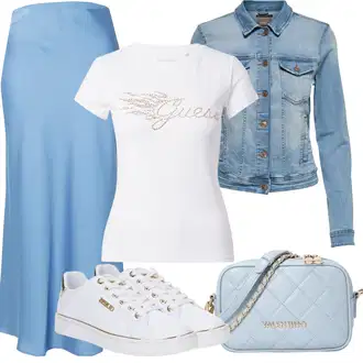 Ležerno, Šik Outfit sa Svjetloplava/Plava Hlača Velika Veličina/Suknja/Haljina Veći Broj Vila "Ljetna odjeća"Look: Poslovni, Old Money, Elegantan, Šik, cool