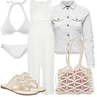 Outfit s Šedá/Bílá/Béžová/Krémová Bikin/Kožené pásky pro muže/Bikinový vršek s kosticí/Horní díl bikin Bralette/Kožené bundy pro muže/Balconette/Balconette-bikini/Push-up vršek bikin/Push-up bikini/Trojúhelníkové Bikiny/S Kosticemi Chiemsee "Letní oblečení"