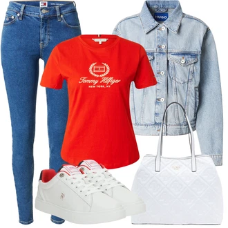 Styl Western Outfit s Modrá/Světle modrá Kožená bunda/Slim Fit Džíny/Kožená Pánská Bund/Džíny s Rozparkem/Kotníková Bota/Džín s Nízkým Pasem/Kožené Boty/High Waist Džínové Kalhoty/Zimní bunda/Push up Džín Tommy Jeans "Outfit na léto"Look: Styl, 90tá léta, Cool, Kovbojka, Univerzitní, Western