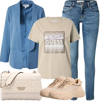 Outfit s Modrá Kožená bunda/Kotníková Bota/Džíny s Rozparkem/Džíny s Nízkým Sedem/Džín s Nízkým Pasem/Push up Džín/Slim Fit Džíny/Navlékací džíny/Kožené Boty/Zimní bunda Guess "Letní oblečení"