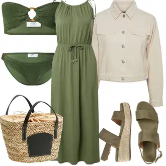 Outfit s Tmavě zelená/Zelená Šaty s Páskem/Ležérní Šaty/Šaty s výstřihem/Žerzejové Šaty/Dlouhé Letní Šaty/Maxi Šaty/Šaty Na Ramínko About You "Outfit na léto"