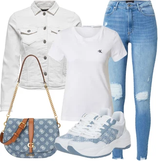 Outfit s Šedá/Krémová/Bílá/Světle šedá Džínové Bund/Krátký Bund/Letní Bund/Košilová bunda/Krátký Bund/Krátké Džínové Bundičky Only "Letní oblečení"