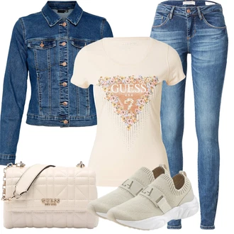 Outfit s Modrá Kožená bunda/Zimní bunda/Kožené Boty/Kotníková Bota/Džíny s Nízkým Sedem/Push up Džín/Džín s Nízkým Pasem/Džíny s Rozparkem/Slim Fit Džíny Guess "Outfit na léto"