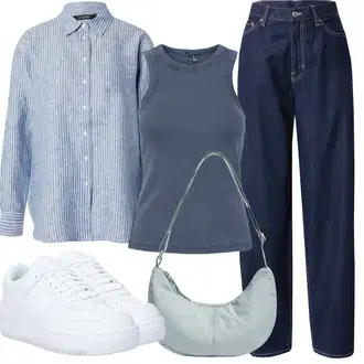 Outfit sa Plava/Tamnoplava Vintage traperice/Plisirane Traperice/Dad Traperice/Traperice Široke Nogavice/Mom Jean/Traperice Opuštenog Kroja/High Waist Traperice/Formalna Košulja/Kožna Muška Jakna weekday "Ljetna odjeća"