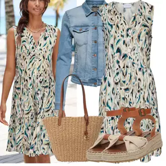 Ke kolenům Viskóza Outfit s Bílá/Žlutá/Zelená/Tyrkysový Šaty Do Áčka/Žerzejové Šaty/Šaty S Potiskem/Pouzdrové Šaty/Šaty Bez Rukávů/Letní Šaty/Tunikové šaty Lascana "Letní oblečení"