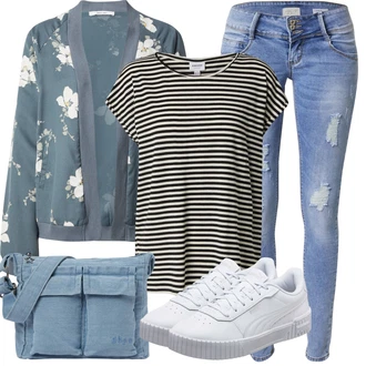Outfit s Světle modrá/Modrá/Šedá Letní Bund/Bomber/Blůzová Bunda/Kimonová bunda/Jarní bunda/Bunda na přetažení přes hlavu About You "Outfit na léto"