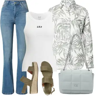 Outfit s Modrá/Světle modrá Pánské tričko/Zvonové Džíny/High Waist Džínové Kalhoty/Džíny s Rozparkem/Kožená Pánská Bund Trendyol "Outfit na léto"