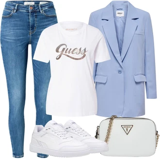 Outfit s Modrá/Sv?tle modrá Ko?ená bunda/Kotníková Bota/High Waist D?ínové Kalhoty/Navlékací d?íny/Slim Fit D?íny/Dámské D?íny s Délkou 7/8/Zkrácené D?íny/Ko?ené Boty/Capri D?íny/Zimní bunda/D?íny s Rozparkem/Push up D?ín Guess "Letní oble?ení"