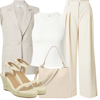 Djeveruša Outfit sa Bež/Kaki/Bijela Hlače S Naborom/Hlače s prednjim naborom/Culotte Hlačice/Palazzo Hlača/Široka Hlača/Hlače s Prorezom/Naborane Hlače/Hlače Visokog Struka/Marlene Hlača about you x iconic by tatiana kucharova "Ljetna odjeća"