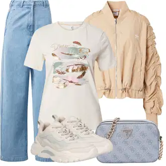 Nadrozměrné Dlouhé Outfit s Světle modrá/Modrá Plisované Džíny/Dad Džíny/Džín s Širokou Nohavicí/Džíny Culottes/Vintage džíny/High Waist Džínové Kalhoty/Baggy Džíny/Džíny Volného Střihu Adidas Originals "Letní oblečení"Look: 90tá léta, Bad Taste, Nadrozměrné, Old Money