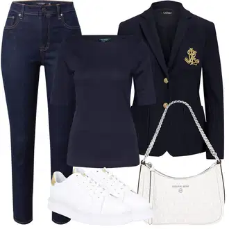 Zlatni gumbi Outfit sa Tamnoplava Boyfriend Sako/Casual Sako/Kožna Jakna/Elegantni Sako/Sako Jakna/Bavarski Sakoi/Kožna Jakna za muškarce/Kožna Jakna za Muškarce/Pamučni Sakoi Polo Ralph Lauren "Ljetna odjeća"