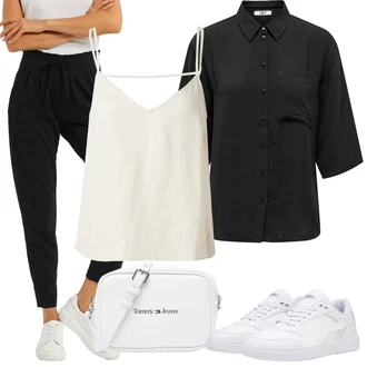 Outfit s Černá Široká Kalhoty Baggy Kalhoty/Jogger Kalhoty/Kožená Pánská Bund/Mrkvová Kalhoty/Sportovní kalhoty/Žerzejová Kalhoty/Navlékací Kalhoty JdY "Letní oblečení"