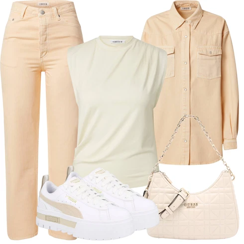 Kombinace Oranžová/Béžová/Khaki Halenkové Body/Oversize Halenka/Blůza s knoflíčkem/Manšestrová Halenka/Neobvyklá Halenka/Halenka se Stojatým Límcem/Dlouhá Halenka/Tunikové Tričko Edited kombinovat s Khaki/Oranžová/Hnědá/Béžová Rovná Kalhoty/Kalhoty s Vysokým Pasem/Paperbag Kalhoty/Boyfriend Kalhoty/Twillová Kalhoty/Kalhoty s dírou/Lacláč/Mušelínové kalhoty/Kalhoty se Štěrbinou Edited