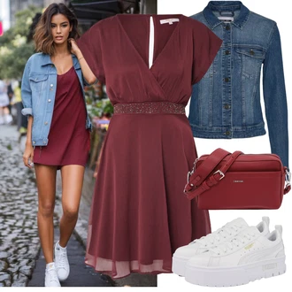 Babydoll, Stil Outfit sa Crvena/Ljubičasta/Tamnocrvena/Vinski Crveno Haljina Veći Broj/Tunika About You "Upadljivi ljetni look"Look: Babydoll, Etno, Old Money, Preodjeven, Romantičan, Elegantan, Rap