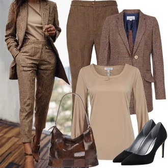 Outfit s Hnědá/Béžová Kožená Pánská Bund/Kostkované Sako/Tvídové Sako/Kožená bunda pro muže/Kožená bunda Lascana "Tradiční Obchodní Vzhled"