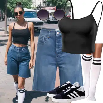 Outfit inspiracije Ljeto sa Crna Niska Tenisica/Platnena tenisica/Tanka tenisica/Ljetna tenisica levi's, Plava/Svjetloplava/Tamnoplava Traper Kratke Hlače g star, Smeđa/Crna/Plava astratex, Crna Urban Classics, Bijela/Krem boma "traperice iz 90-ih za žene"