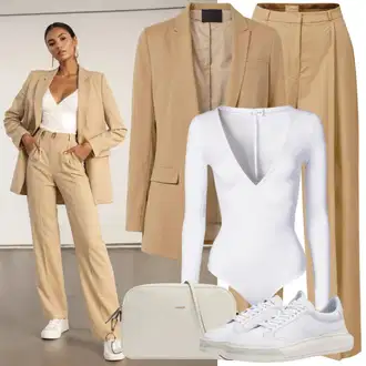 outfit mit Rjava/Škrlatna/Bež Hlača za Obleko/Hlače Za Prosti Čas/Nagubane hlače/Culotte Hlačke/Hlače z Visokim Pasom/Marlene Hlača/Palazzo Hlača/Paperbag Hlača/Plisirane Hlače/Plisirane spredaj hlač/Široka Hlača/Moderni hlačni kostim/Hlačna Obleka za Poroko/Eleganten hlačni kostim/Svečani Hlačni Kostum Mazine "Uradni hlače obleka slog"