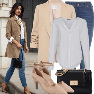 outfit mit Modra/Svetlo modra Usnjena Jakna/Vintage kavbojke/Kavbojke Visokega Pasu/Zožene Kavbojke/Usnjene Čevlje/Kavbojke na Poteg/Kavbojke z Razporkom/Ozke Kavbojke/Push up Kavbojke DKNY "Urejen Poslovni Slog"