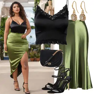 Outfits for chubby Poroka mit Temno zelena/Khaki/Zelena Midi krilo/Moderno krilo/Krilo do Teleta/Krilo iz 90-ih/Dolgo krilo/Krilo uniseks/Maxi krilo happiness İstanbul "Večerne obleke za polne ženske"Look: Koncert, Festival, Dan plaže, Koče, Gledališče, Poroka
