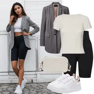 outfit mit Bela/Bež/Rjava/Krem/Khaki/Zelena Superga Usnjene superge/Superge Nizka/Ozka Superga/Superge Luknjasta/Poletne superge Furla "Vsakdanji videz s kolesarskimi hlačami in suknjičem"
