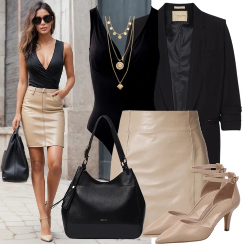 Kombinace Béžová/Khaki/Hnědá Krátká Sukně/Kožená Sukně/Sukně z umělé kůže/70tá Léta Minisukně/Kožená Minisukně Topshop kombinovat s Černá Elegantní Sako/Kožená bunda pro muže/Boyfriend Sako/Kožená Pánská Bund/Oversize Sako/Kožená bunda/Bavlněný Sako/Blejzrové Bund/Krátké Sako/Neformální Sako Only