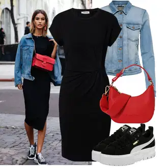Outfit s Černá Žerzejové Šaty/Šaty S Rovným Střihem/Business Šaty/Pouzdrové Šaty/Pouzdrová Šat/Šaty po kolenu/Úzké Šaty/Občanské šaty/Tričkové šaty/Kancelářské šaty/Šaty s Páskem Edited "Praktický vzhled"
