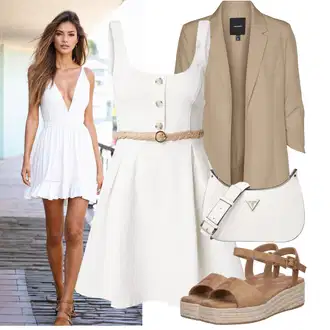 Výstřih na ramena Outfit s Bílá/Krémová/Khaki/Růžová Šaty s Páskem About You "Módní outfit pro volný čas"