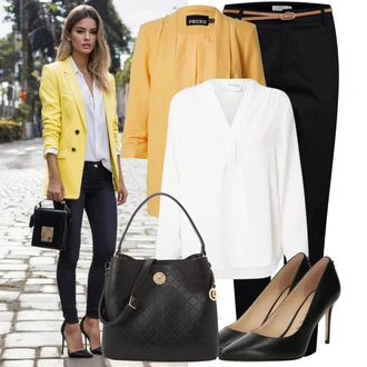 Výstřih na ramena Outfit s Bílá/Krémová Halenka Blůza s knoflíčkem/Halenka s Dlouhým Rukávem/Halenka se Stojatým Límcem/Slip-on Halenka/Oversize Halenka SELECTED FEMME "Módní outfit pro volný čas"