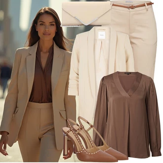 Léto Outfit s Hnědá/Béžová/Šedá Elegantní Halenka/Halenka s Dlouhým Rukávem/Halenka se Stojatým Límcem/Otevřená Halenka/Dlouhá Halenka/Hedvábná Halenka/Saténová Halenka/Kožená bunda/Halenkové Body/Halenkový Top/Neobvyklá Halenka Comma "Letní vzhled pro módní ženy"